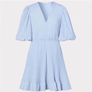 Milly Ellie Pleated V-Neck Balloon Sleeve Fit And Flare Mini Dress 12 NWT Sky